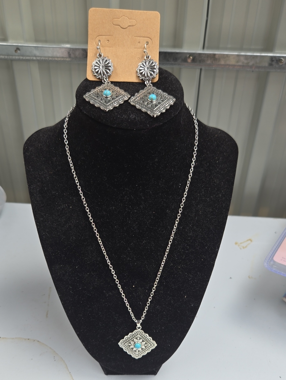 Silver-Tone Turquoise Accent Necklace & Earrings Set